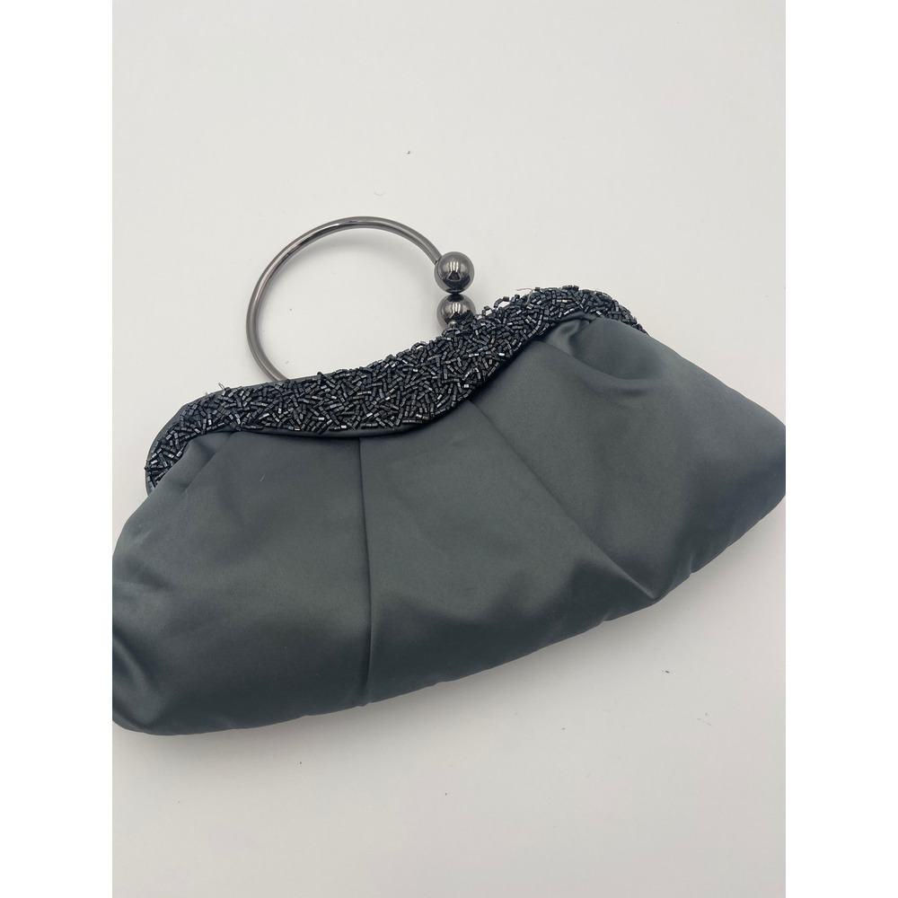 Jessica McClintock Gray Satin Beaded Evening Clutch Bag with Ring Handle